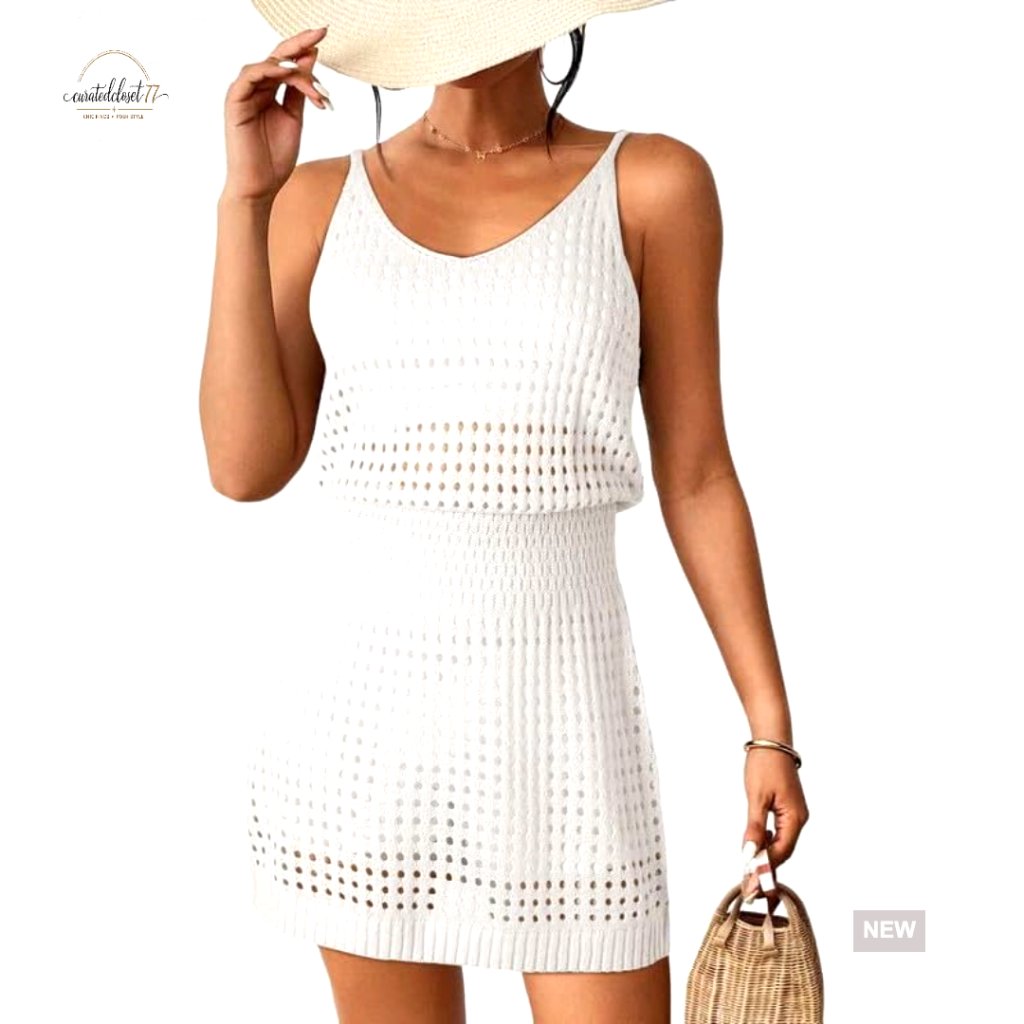 Crochet Hollow Out Knit Mesh Beach Cover Up Dress Sleeveless Scoop Neck